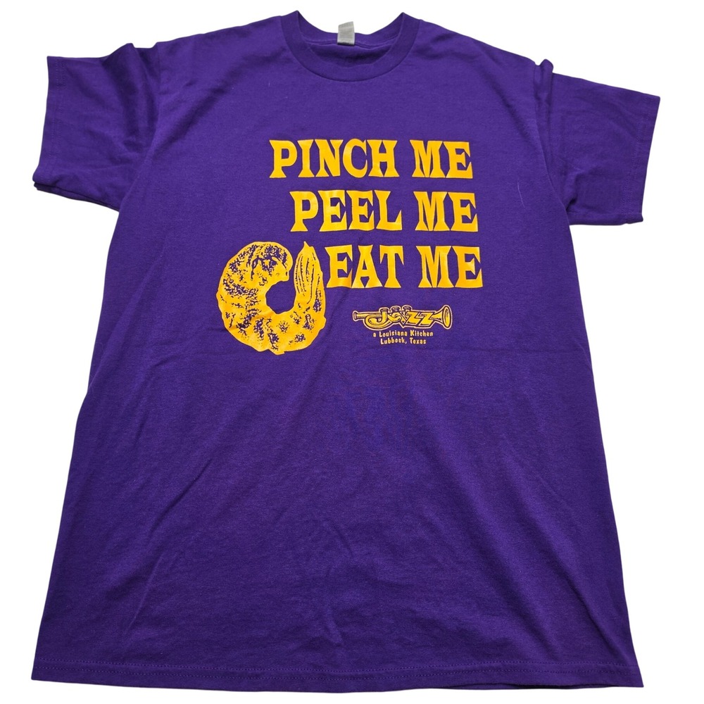 Gildan Jazz A Louisiana Kitchen Lubbock TX T-Shirt Purple Pinch Me Peel Me M